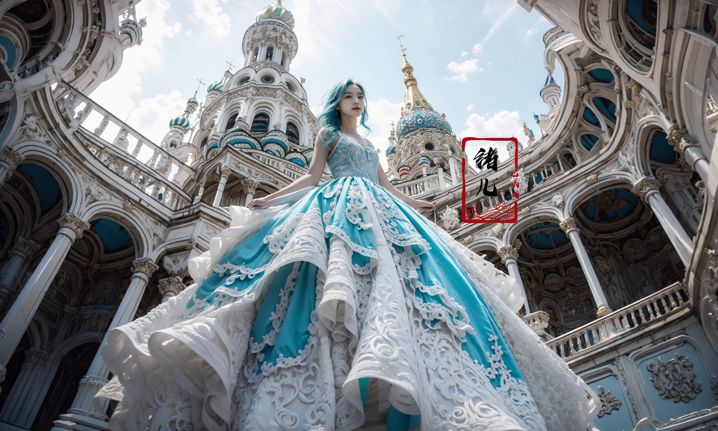 606247209521969163-1891076999-Low Angle shooting, super wide lens, A aqua blue-haired girl, aqua blue lace dress with a scalloped hem, with Rococo style decor.jpg